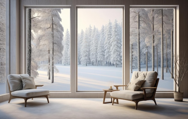 Luxurious villa living room with a snowy scene in the background