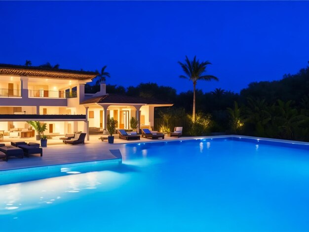 Luxurious villa with swimming pool at dusk