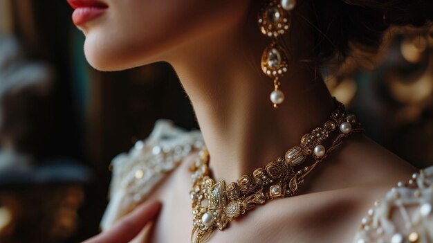 Luxurious vintage necklace and earrings on a regal woman