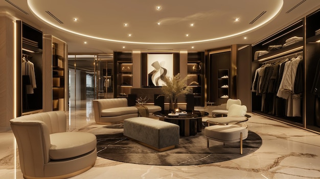 luxurious walkin closet with contemporary furniture stylish lighting and neatly organized clothes modern art piece on the wall