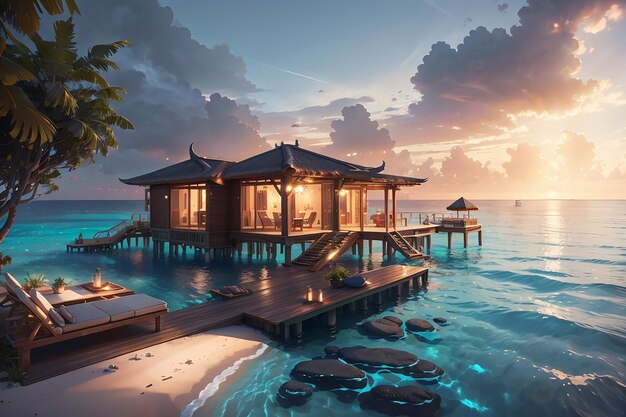 A luxurious water bungalow nestled in the crystal clear waters the maldives surrounded by vibrant