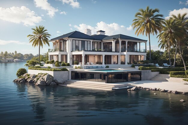 A Luxurious Waterfront Property Escape Your Ultimate Dream Home Luxury Image Inspiration for Real Estate Concept Modern House exterior Decor ideas 3d rendering