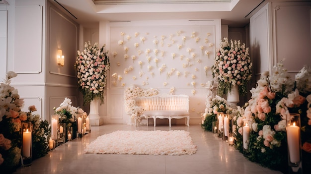 Luxurious wedding hall session in classic white colors banana leaves pink roses wall lamps table sofa Generative AI