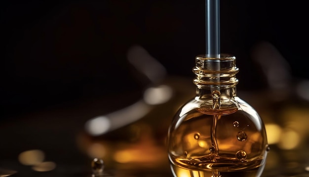 A luxurious whiskey bottle on a dark bar table generated by AI