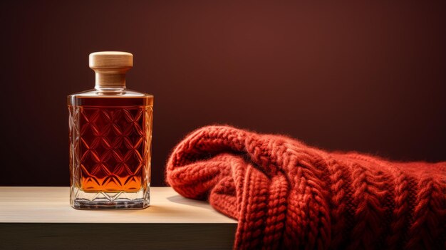 Photo luxurious whiskey bottle on wooden table with knit sweater