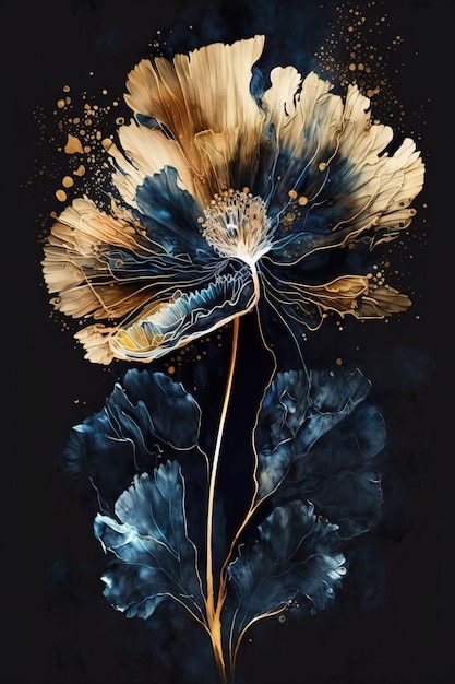 Luxurious white blue and gold floral design with thick paint lines Generative Ai