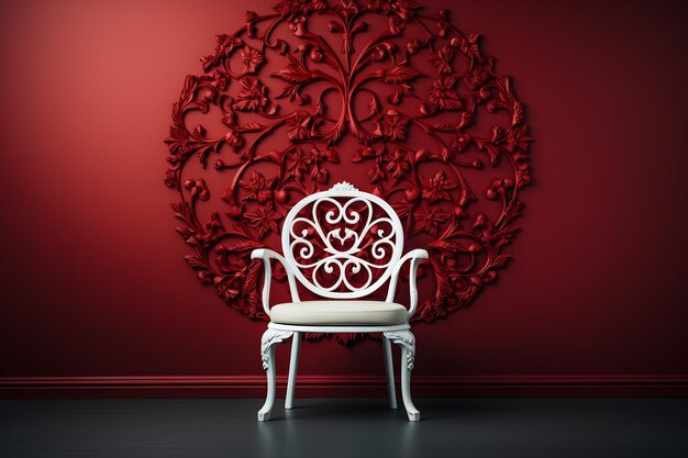 Photo luxurious white chair in front of a red victorian style backdrop ai generated