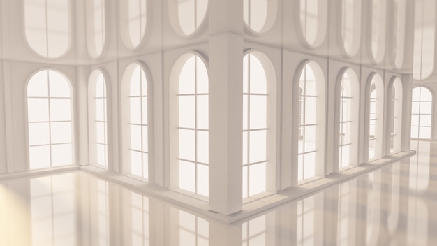 Роскошный белый пустой интерьер с окнами. 3D-рендеринг.