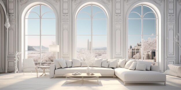 Роскошная белая гостиная с видом на снежный пейзаж