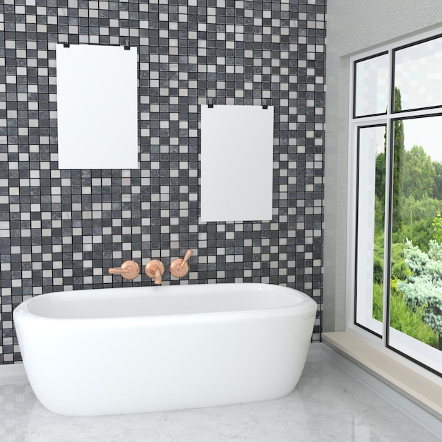 Luxurious white modern bathroom with empty frames