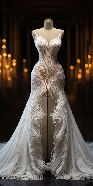 Luxurious white wedding dress on a mannequin Handmade High quality photo Generative AI