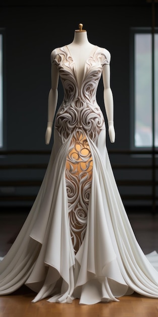 Роскошное белое свадебное платье на манекене Ручная работа Фото высокого качества Генеративный AI