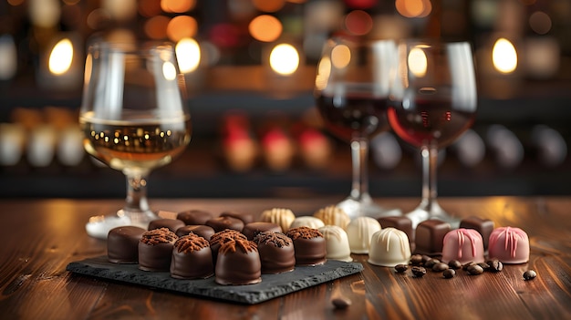 Foto luxurious wine tasting set di vini pregiati e cioccolatini artigianali