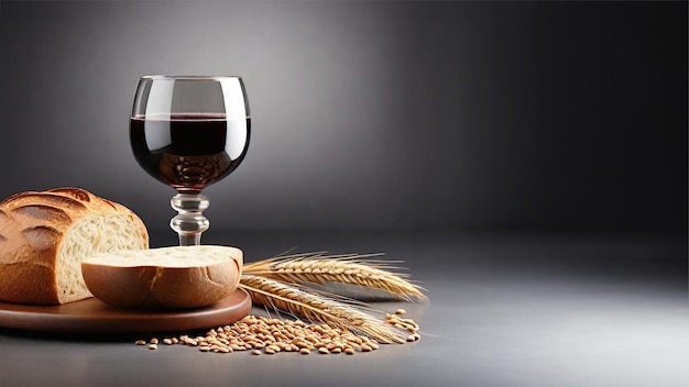 Luxurious wine with bread and wheats on plain background