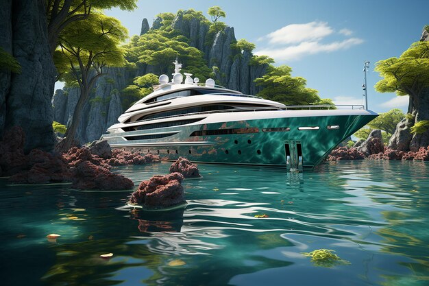 Luxurious yacht anchored in pristine bay