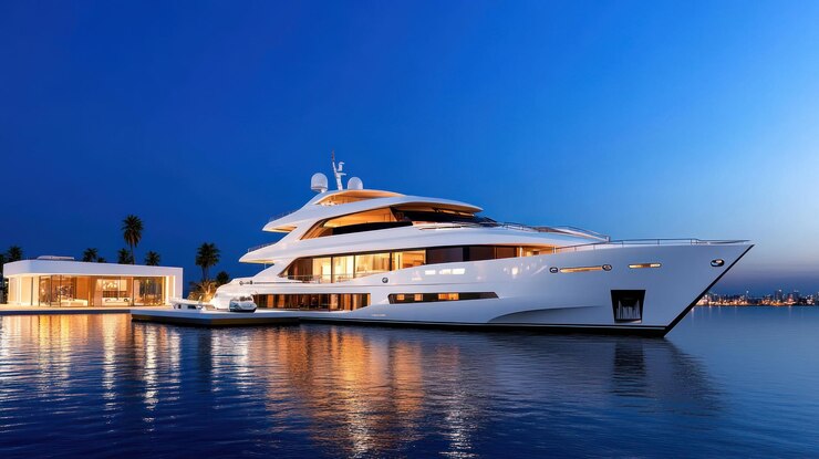 Photo luxurious yacht docked by a modern waterfront at twilight