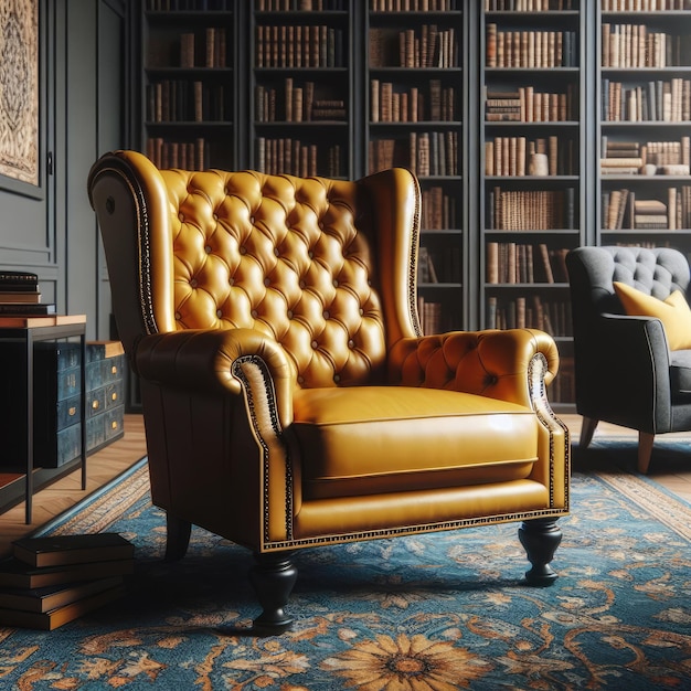 A luxurious yellow leather armchair with a tufted design and studded detailing positioned