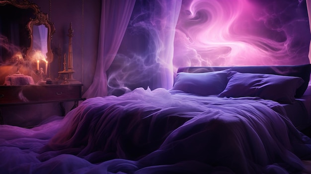 Luxuriously decorated bedroom with soft purple sheets on the bed