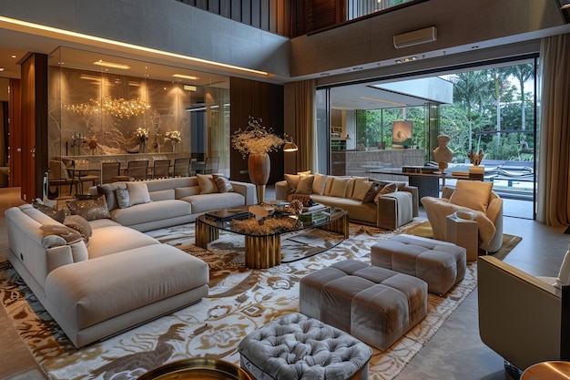 A luxuriously quiet living room eschewing shiny mirrored glam for a blend of warm collected accents plush seating soft rugs and nuanced layered lighting creating a cozy interior