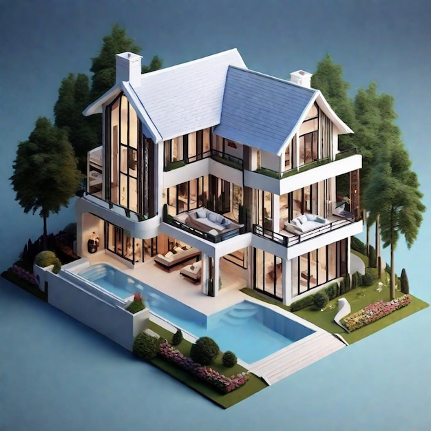 Роскошный 3d-рендеринг красивого изометрического дома