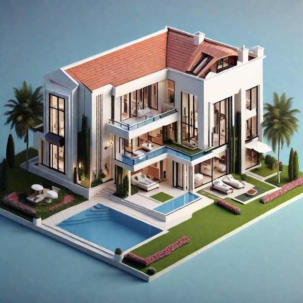 Luxury 3d rendering of Beautiful isometric house