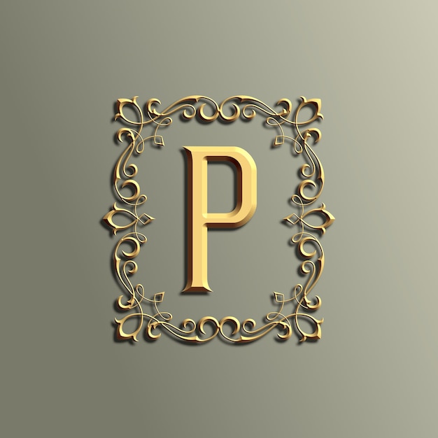 luxury 3d vintage letter P logo with ornament