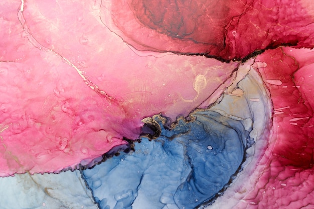 Luxury abstract background in alcohol ink technique, blue red gold liquid painting, scattered acrylic blobs and swirling stains, printed materials