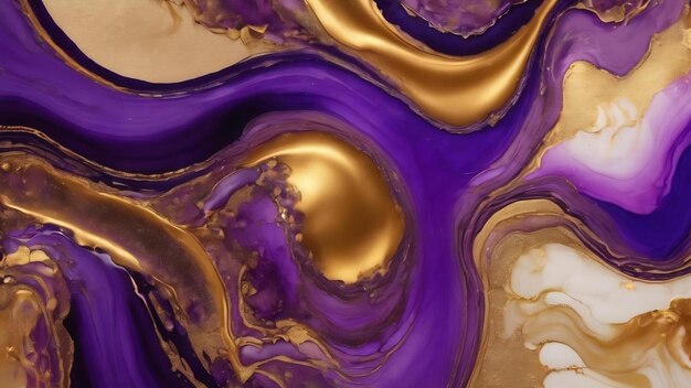 Luxury abstract background in alcohol ink technique purple gold liquid painting scattered acrylic