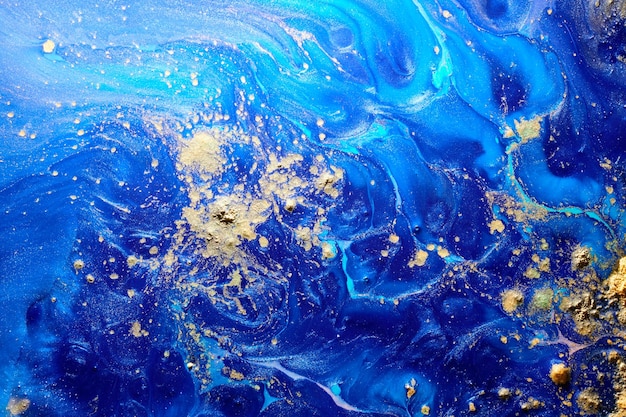 Luxury abstract background liquid art Blue alcohol ink with golden paint streaks water surface marble texture