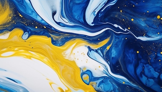 Luxury abstract fluid art paint background marble blue yellow and white texture editorial photograp