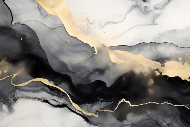 Роскошная абстрактная жидкая художественная живопись, фон, алкоголь, чернила, темно-синий, черный и золотой, AI генерирует