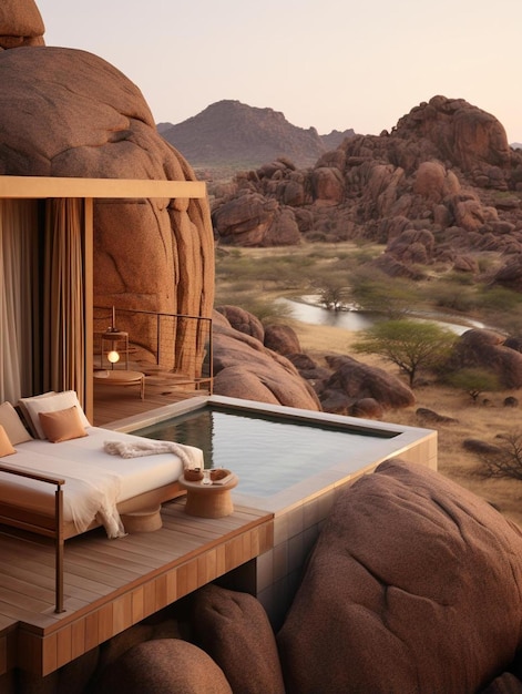 Photo luxury african safari lodge outdoor dining in backyard and swimming pool namibia