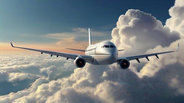 Роскошный самолет, летящий по облачному небу.