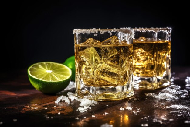 럭셔리 알코올 음료인 멕시코 골드 데킬라(Mexico Gold Tequila)는 라임과 소금 긴 배너를 사용하여 돌 배경에 샷을 뿌립니다.