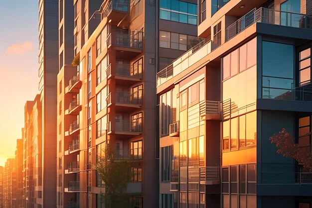 Luxury apartment building with glass facade reflects sunset