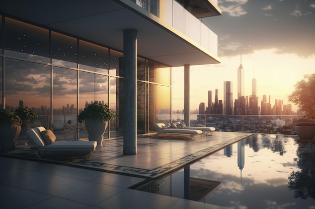 Luxury apartment terrace with pool and city view luxury penthouse AI