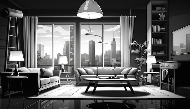 Роскошные апартаменты в черно-белом цвете Иллюстрация Генеративный AI