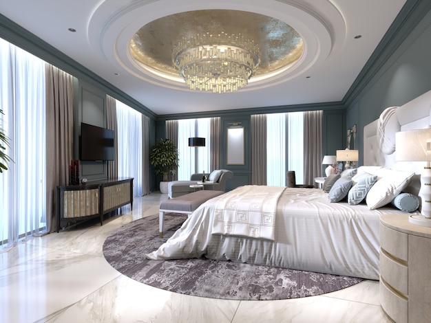 Luxury apartments with a bedroom and living area in contemporary style with classic elements, blue walls and light furniture. 3d rendering