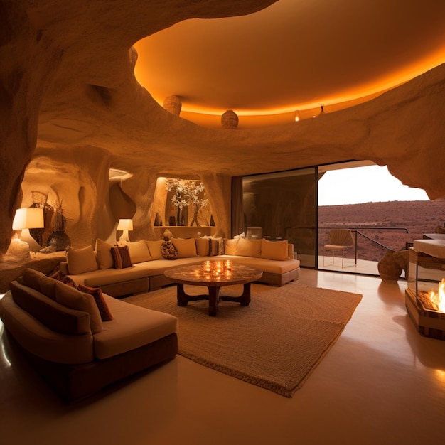 Luxury architecture cave hotel living room picture AI Generated art