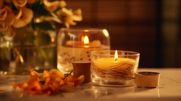 Luxury aromatherapy spa treatment with scented candle flame background