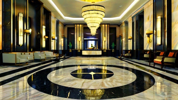 a luxury Art Deco Hotel Lobby Interior with a gold chandelier hanging from the ceiling