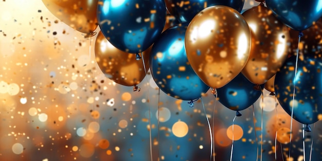 Photo luxury banner happy birthday background blue golden balloons bokeh light effect realistic balloons generative ai