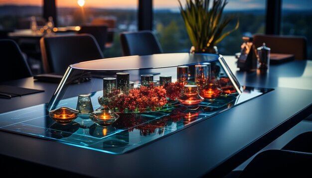 Photo luxury bar modern glass architecture illuminated by candlelight serving cocktails generated by ai