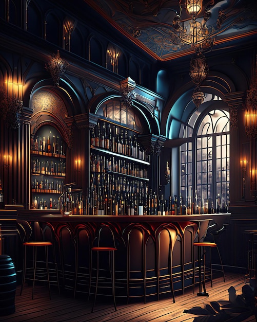 Luxury bar with a variety of fine liquors elaborate cocktails and a sophisticated atmosphere