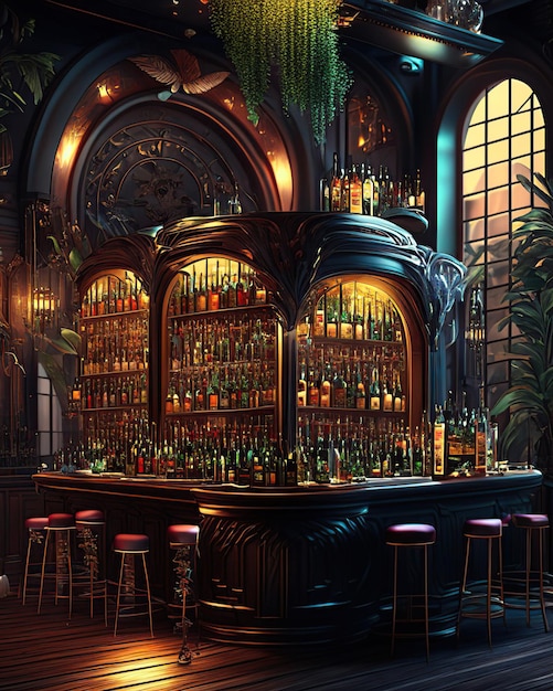 Luxury bar with a variety of fine liquors elaborate cocktails and a sophisticated atmosphere