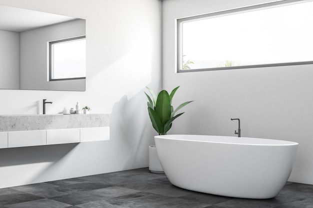 Luxury bathroom corner with white walls, a tiled black floor, a white bathtub, and a sink. A narrow horizontal window. Scandinavian style. 3d rendering