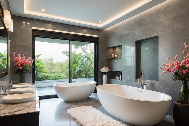 Luxury bathroom features bathtub with flower