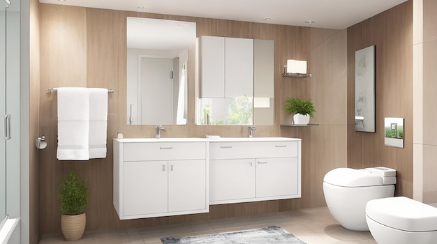 Роскошный интерьер ванной комнаты реалистичный дизайн с мебелью