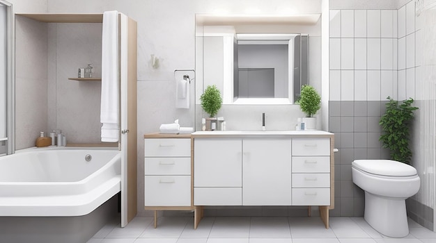 Роскошный интерьер ванной комнаты реалистичный дизайн с мебелью