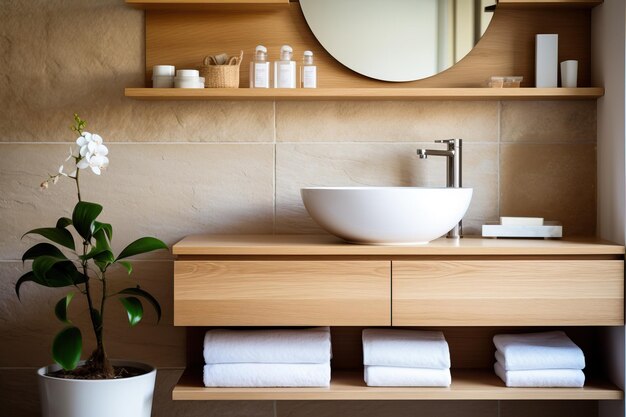 Photo luxury bathroom interior sink on wooden cabinets and shelves